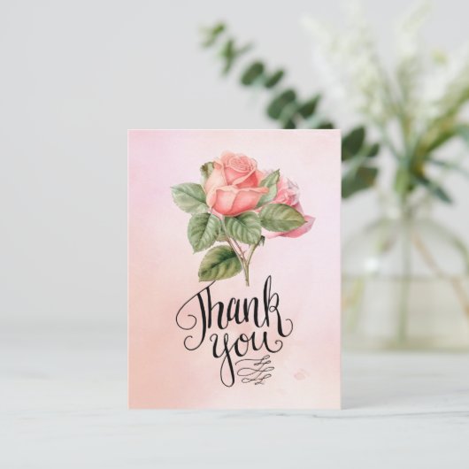 Roze roos Bedankt kaart op roze achtergrond (Staand voorkant)
