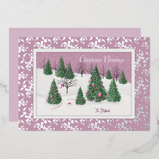 Roze Roos Betoverd Bos Folie Kerstkaart Folie Feestdagenkaart (Voorkant / Achterkant)