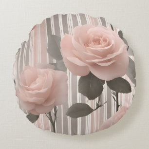 Roze roos bloem en strepen, vintage look rond kussen