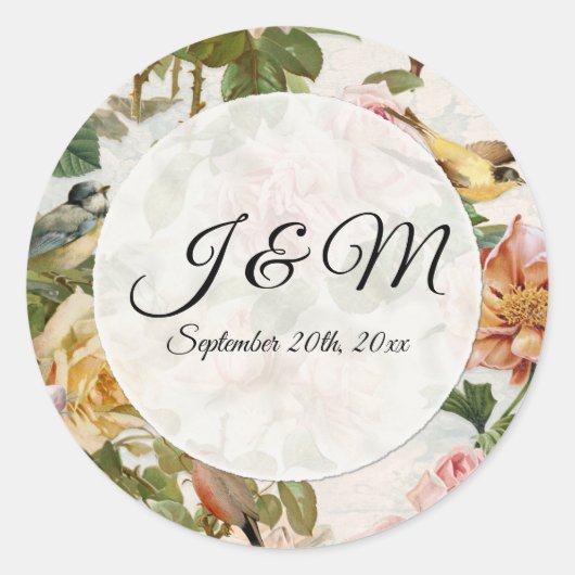 Roze Roos Bloem Vogel Monogram Enveloppe Ronde Sticker (Voorkant)