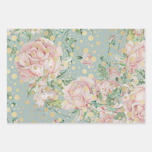 Roze roos bloemendot gouden blauwgroen  chique ele inpakpapier vel (Voorkant)