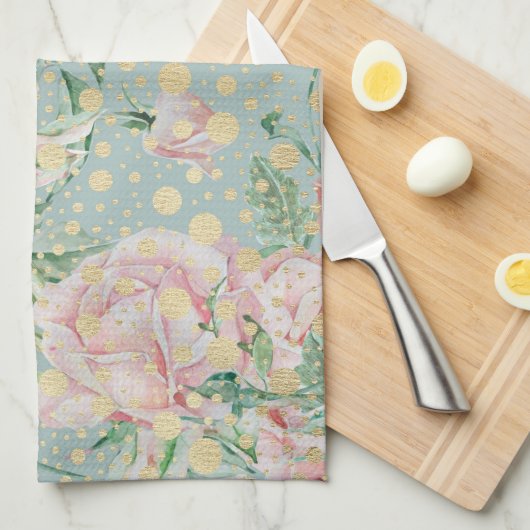 Roze roos bloemengoud blauwgroen polka dot  theedoek (Quarter Fold)