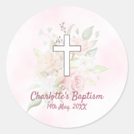 Roze roos bloemenmeisje doop ronde sticker