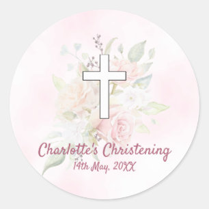 Roze roos bloemenmeisje doopsel ronde sticker