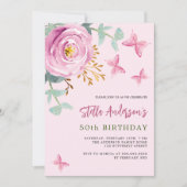 Roze roos bloemenvlinder groen verjaardag kaart (Voorkant)