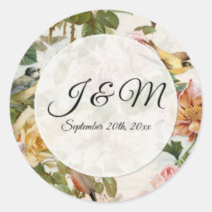  roze roos bloemenvogel monogram envelop ronde sticker
