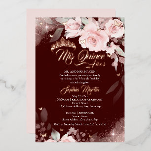 Roze Roos Bloemig Bourgondië Mis Quince Quinceaner Folie Uitnodiging
