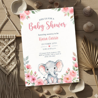 Roze Roos Bloemige Olifant Baby Meisje Shower Kaart