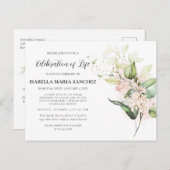 Roze Roos Bloemige Viering van Levensuitnodiging Briefkaart (Voorkant / Achterkant)