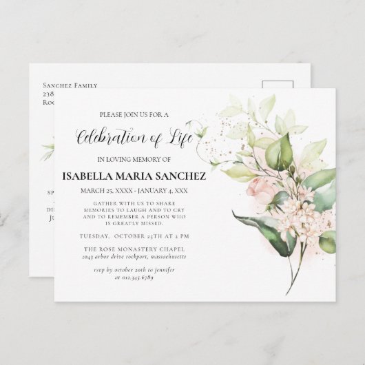 Roze Roos Bloemige Viering van Levensuitnodiging Briefkaart (Voorkant / Achterkant)