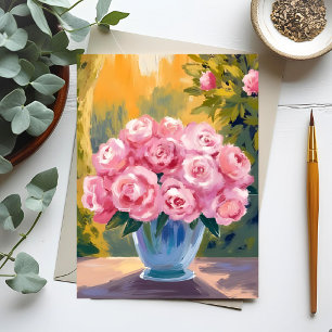 Roze Roos Boeket Aquarel Bloemenvaas Briefkaart