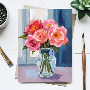 Roze Roos Boeket Glas Vaas Romantisch Bloemstuk Briefkaart
