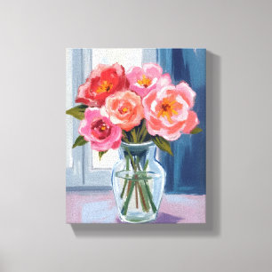 Roze Roos Boeket Glas Vaas Romantisch Bloemstuk Canvas Afdruk