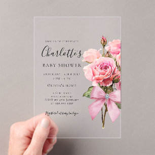 Roze Roos Diamanten Boog Meisje Baby Shower  Acryl Uitnodigingen