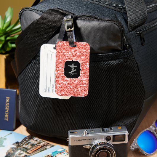 Roze roos donker koraal glitter fonkelt Monogram Bagagelabel (Voorkant & Achterkant)