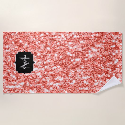 Roze roos donker koraal glitter fonkelt Monogram Strandlaken (Voorkant)