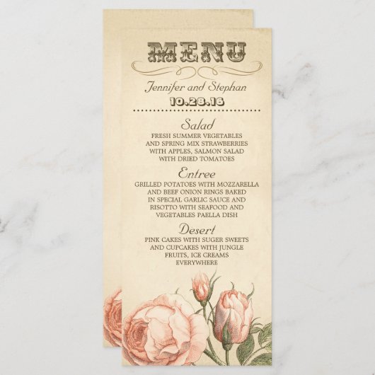 Roze roos elegante bruiloft menu kaarten (Voorkant / Achterkant)