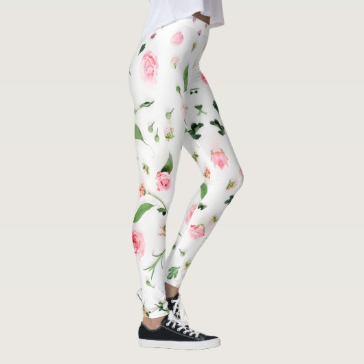 Roze roos en bladeren op witte achtergrond leggings (Rechts)