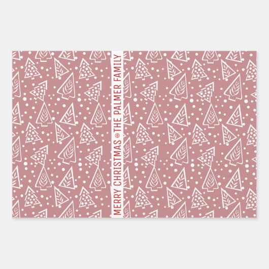 Roze roos en witte kerstbomen inpakpapier vel (Voorkant)