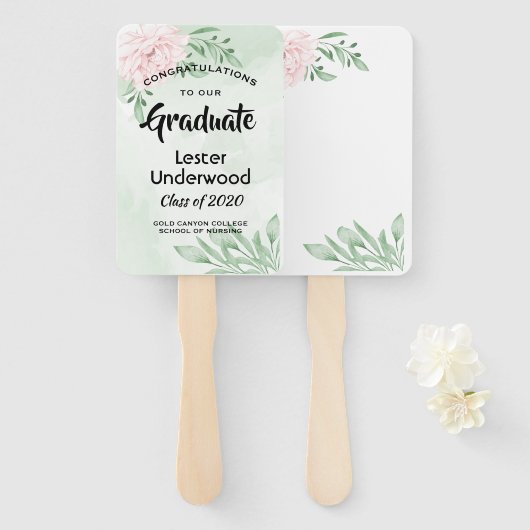 Roze roos eucalyptus bladeren Afstuderen Handwaaier (Voorkant en achterkant)