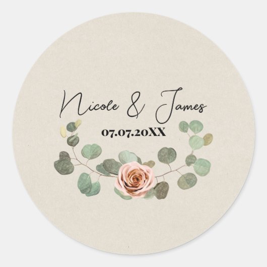 Roze Roos & Eucalyptus Hart Rustieke Bruiloft Ronde Sticker (Voorkant)