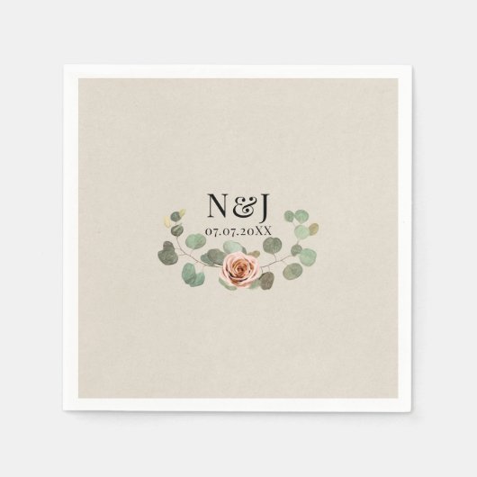 Roze Roos & Eucalyptus Hart Rustieke Bruiloft Servet (Voorkant)