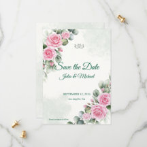 Roze Roos & Eucalyptus Salie Save the Date Kaart