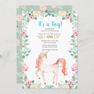 Roze Roos Floral Greenery Boy Baby shower Kaart