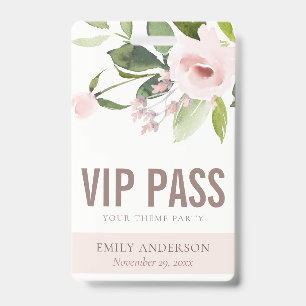 ROZE ROOS FLORALE VIP FEest PASSE voor ELK THEMA Badge