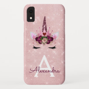 Roze - Roos Gold Unicorn Sparkle Princess Monogram iPhone XR Hoesje