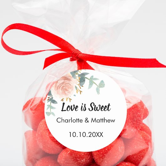 Roze roos goud bloemenbruiloft Liefde is Zoet Ronde Sticker
