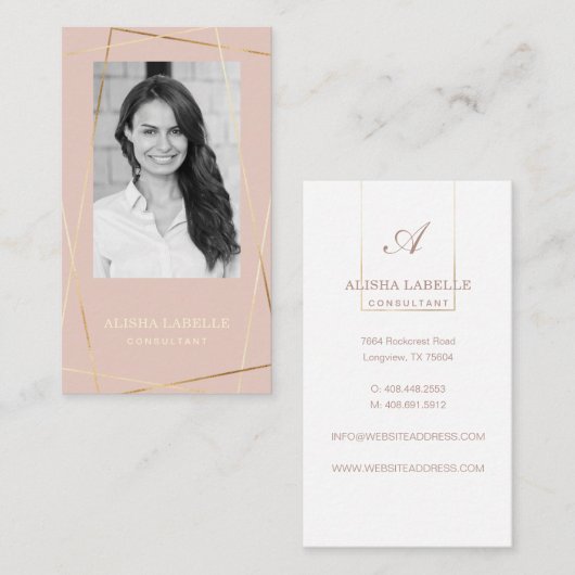 Roze Roos & Goud Geometrische Fotolay-out & Monogr Visitekaartje (Voorkant / Achterkant)