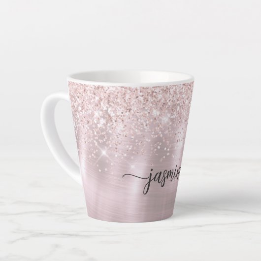 Roze Roos Goud Glitter Metaal Monogram Girlige Blu Latte Mok (Linkerhoek)
