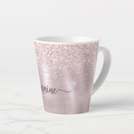Roze Roos Goud Glitter Metaal Monogramme Latte Mok (Rechterhoek)