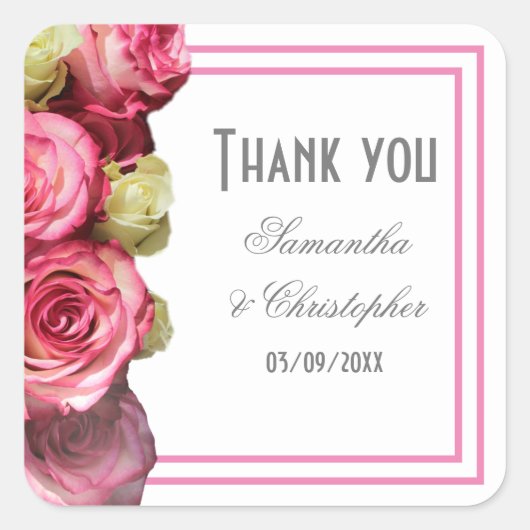 Roze roos grens bruids bruiloft dank u vierkante sticker (Voorkant)