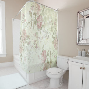 Roze Roos Groene Bloemige Shabby Chic Cottage Kern Douchegordijn