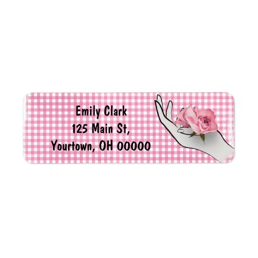 roze roos in hand met gingham etiket (Voorkant)
