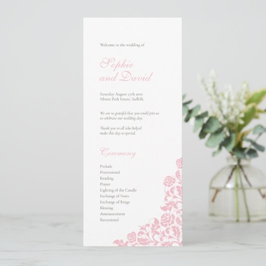 -roze Roos Lace Wedding Programma (Staand voorkant)