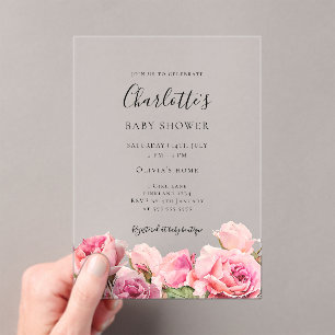 Roze Roos Meisje Baby Shower  Acryl Uitnodigingen