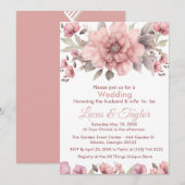 Roze Roos met groen bruiloft uitnodiging (Voorkant / Achterkant)