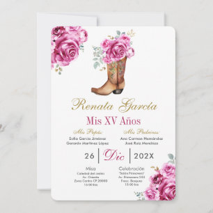Roze roos met laars Quinceañera uitnodiging