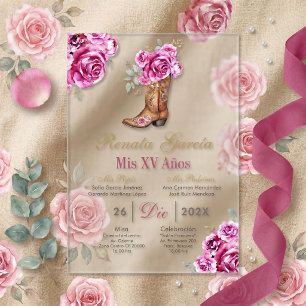 Roze roos met laars Quinceañera uitnodiging Acryl Uitnodigingen