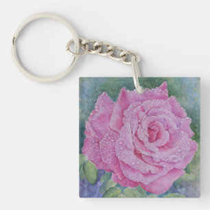 Roze Roos met Regendruppels Sleutelhanger