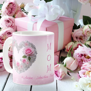 Roze roos met zilveren blad hart Moeders Koffiemok