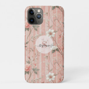 Roze Roos op Gestreepte Roze Achtergrond iPhone 11 Pro Hoesje