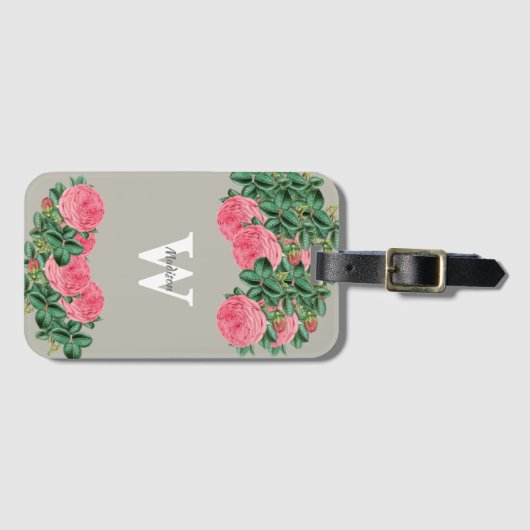 Roze roos op grijs monogram Bagagelabel (Voorkant (horizontaal))