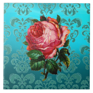 ROZE ROOS OP TEAL BLAUWE DAMAST Bloemtegel Keramie Tegeltje