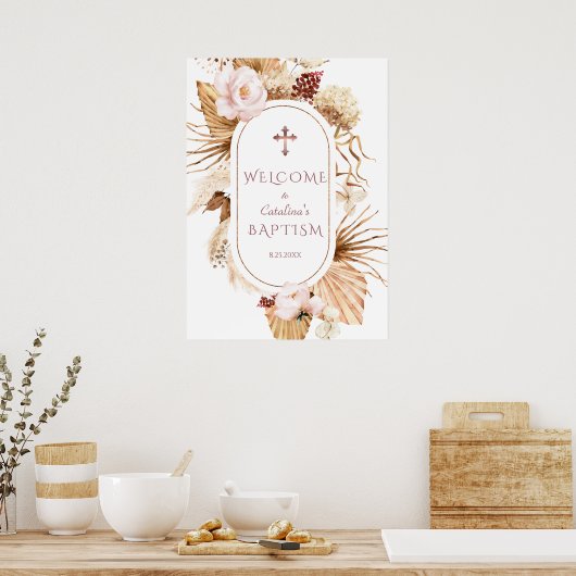 Roze Roos Pampas Gras Palm Doop Welkom Bord Poster (Keuken)