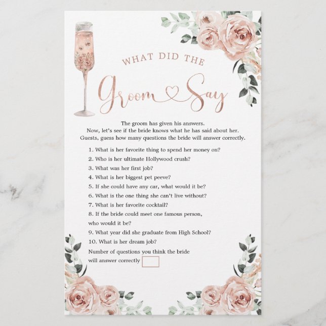 Roze Roos Petals en Prosecco Groom Say Game (Voorkant)