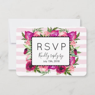 Roze Roos & Poppy Bloemen Boeket Bruiloft RSVP Kaartje